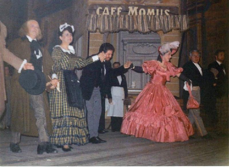 Picture of  Jean Dupouy in La bohème, at the Théâtre Municipal of Aix en Provence in 1967, with from left to right Charles Hébréard (Colline), Marie Thérèse Long (Mimi), Jean Dupouy(Rodolphe), Magali Campana (Musette)  X (Saint-Phar), Pierre Le Hémonet (Marcel)